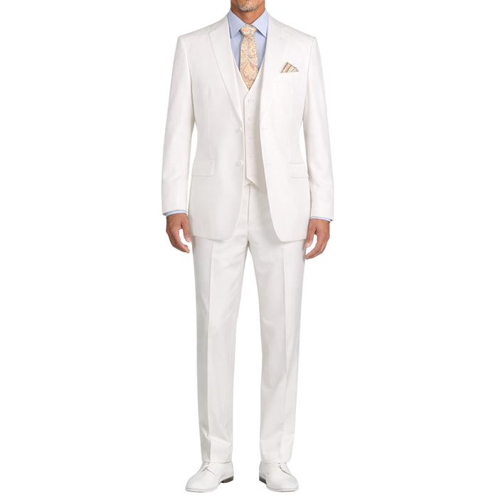 VINCI Men's White 3-Piece 2-Button Classic-Fit Suit - NEW with Matching Vest. Features a fully lined notch lapel jacket, flat-front pants ready for custom tailoring, and a coordinating vest. Ideal for professional settings and social outings. Available at Fashion House Inc. (FH Menswear)