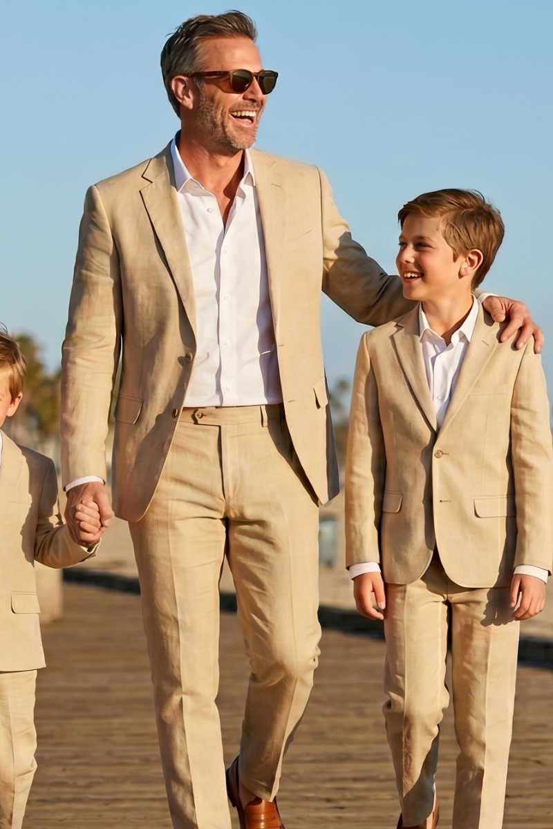 Model wearing our FH Menswear x VINCI Men's Tan Linen 2-Button Modern Fit Summer Suit. 