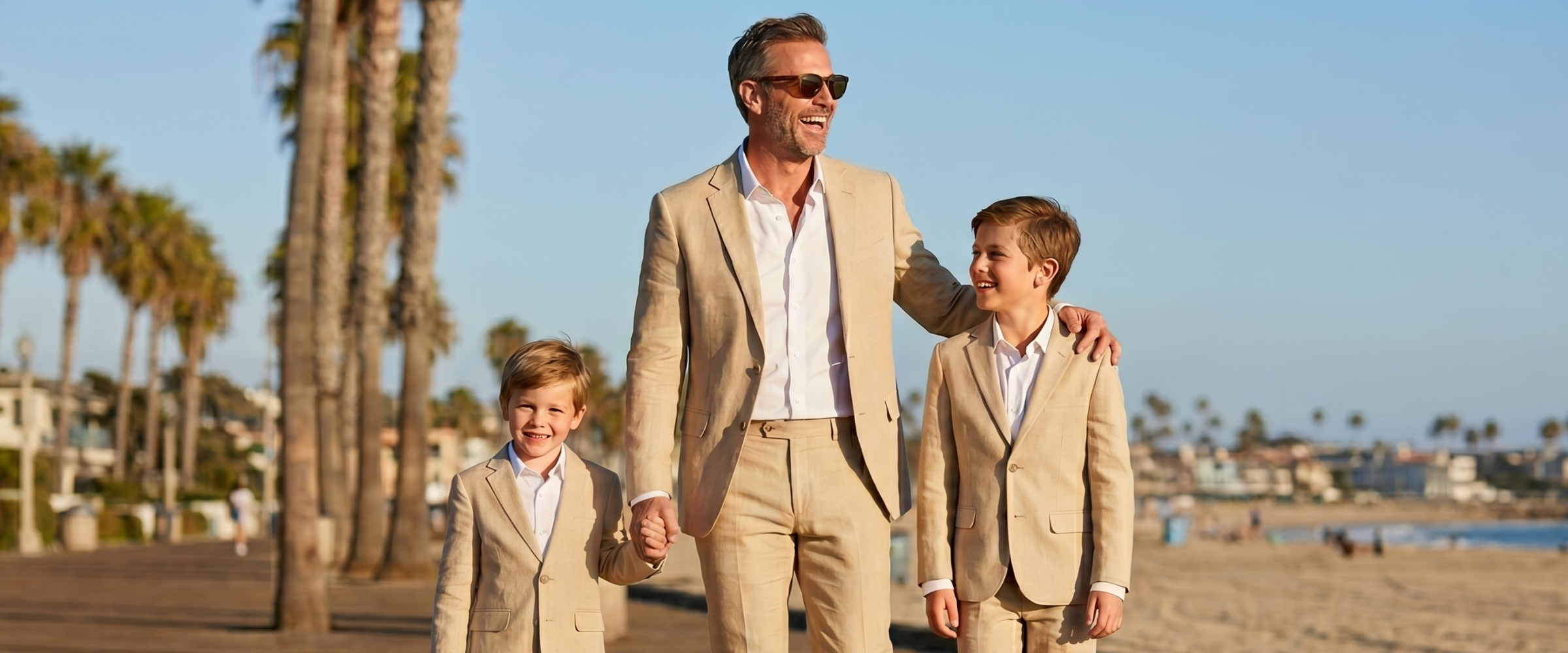 Model wearing our FH Menswear x VINCI Men's Tan Linen 2-Button Modern Fit Summer Suit. 