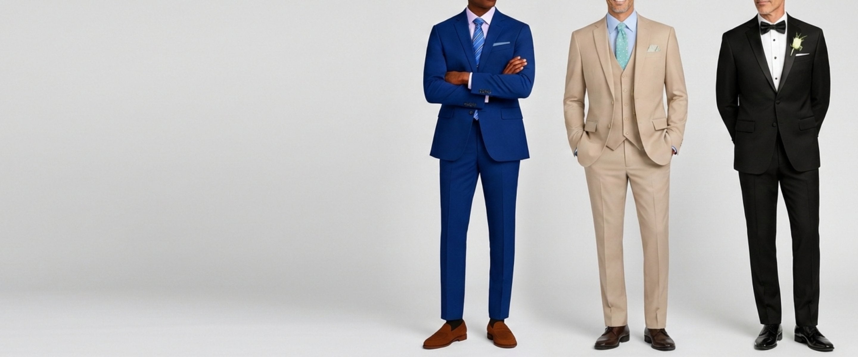 Models wearing our Blue Slim-Fit Suit, Stone 3PC Slim-Fit Suit & Black Slim-Fit Tuxedo (FH Menswear)