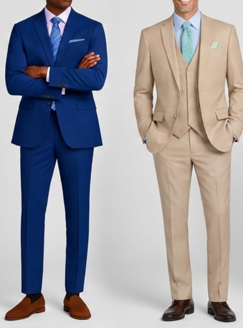 Models wearing our Blue Slim-Fit Suit & Stone Beige 3PC Slim-Fit Suit (FH Menswear)